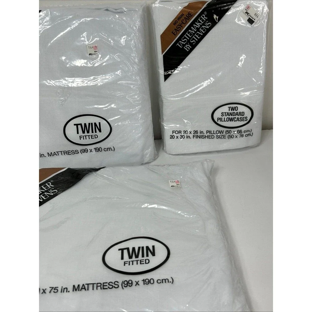 Tastemaker by Stevens Twin Flat Fitted Sheet Pillowcase Set white NOS